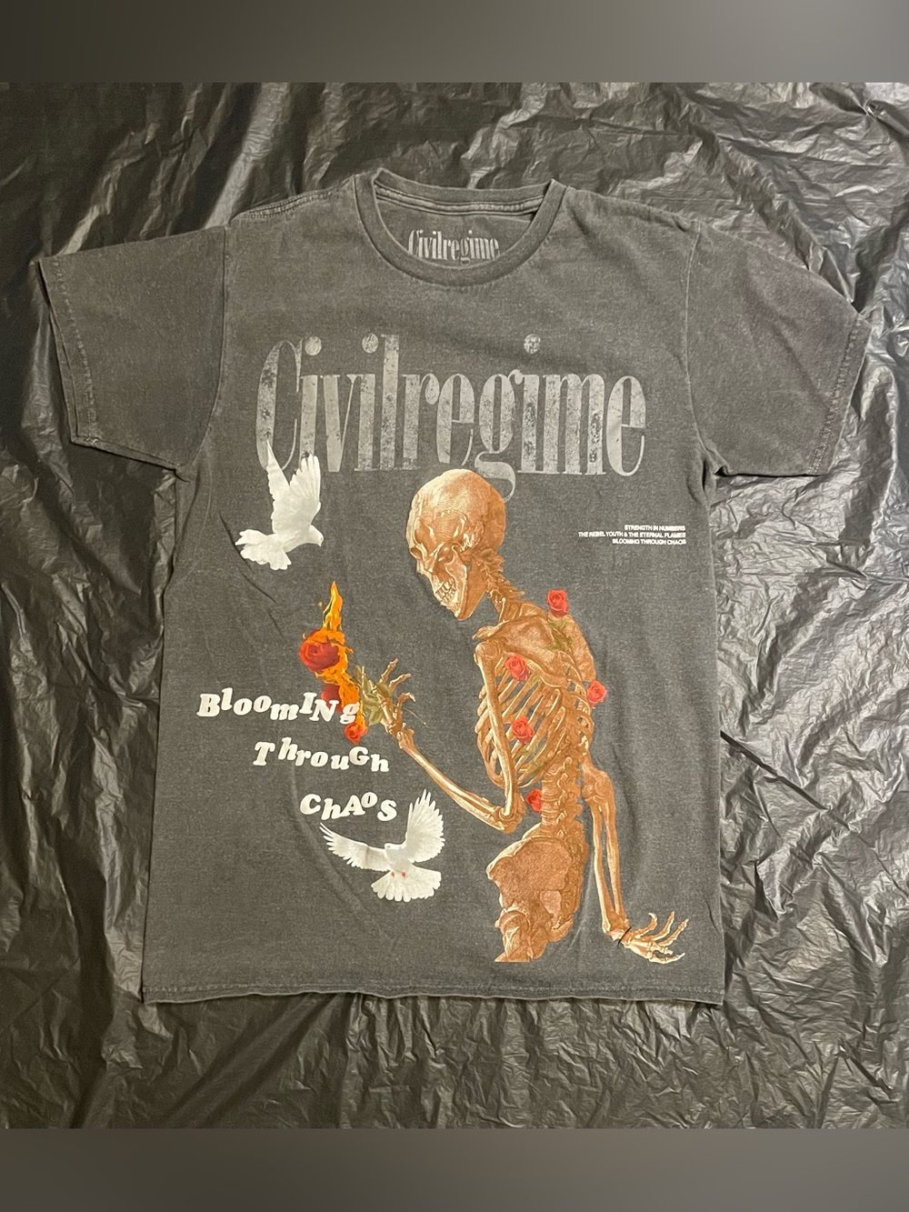Civil Regime “Blooming Through Chaos” Skeleton Roses Dove Graphic T-Shirt Size S